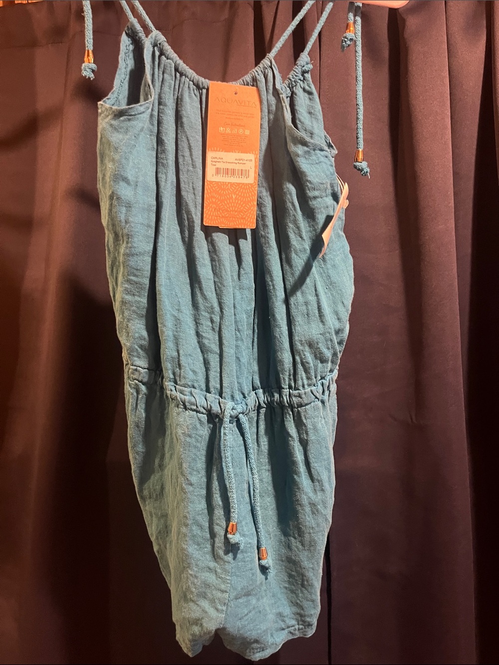 Teal Linen-Blend Drawstring Romper - Aquavita
